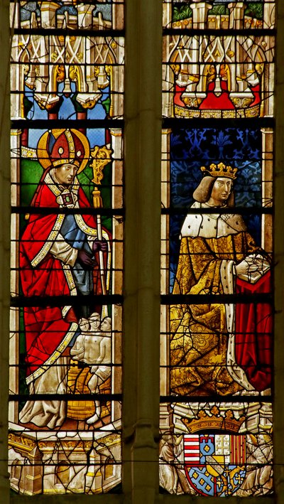 Ventana que representa a San Nicolás y al Donante René II de French School